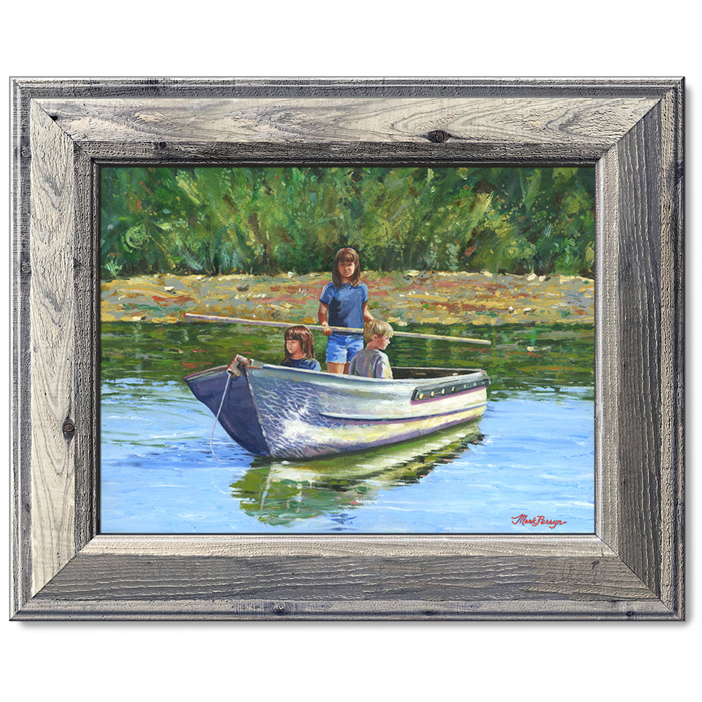 canvas print in a grey wood frame depicting three children
crossing a pond in a boat