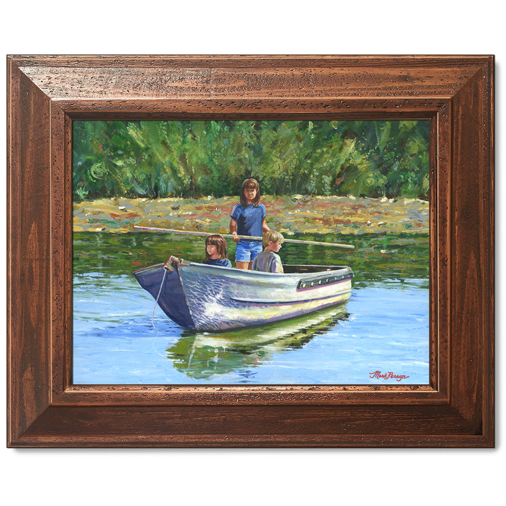 canvas print in a brown wood frame depicting three children
crossing a pond in a boat