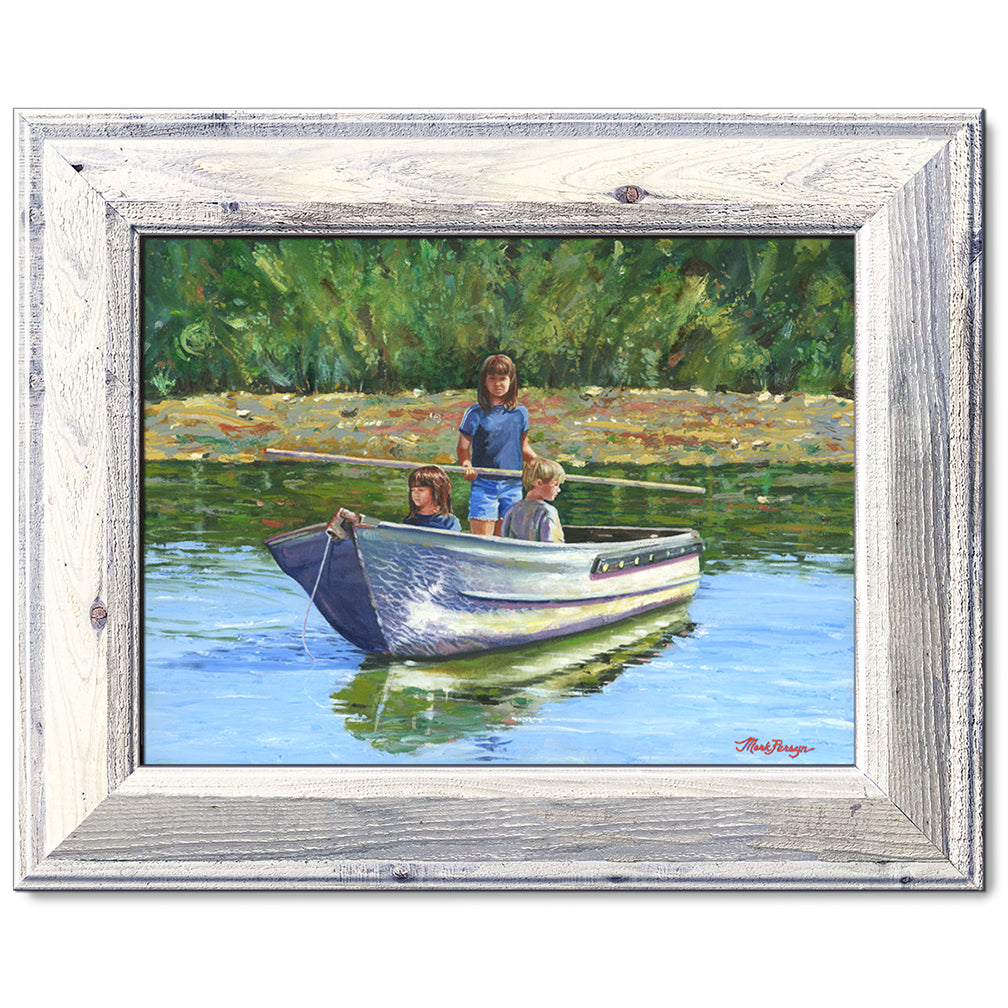 canvas print in a white wood frame depicting three children
crossing a pond in a boat