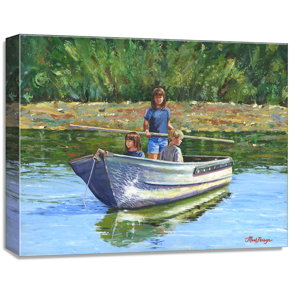 gallery wrapped print on canvas
depicting three children
crossing a pond in a boat