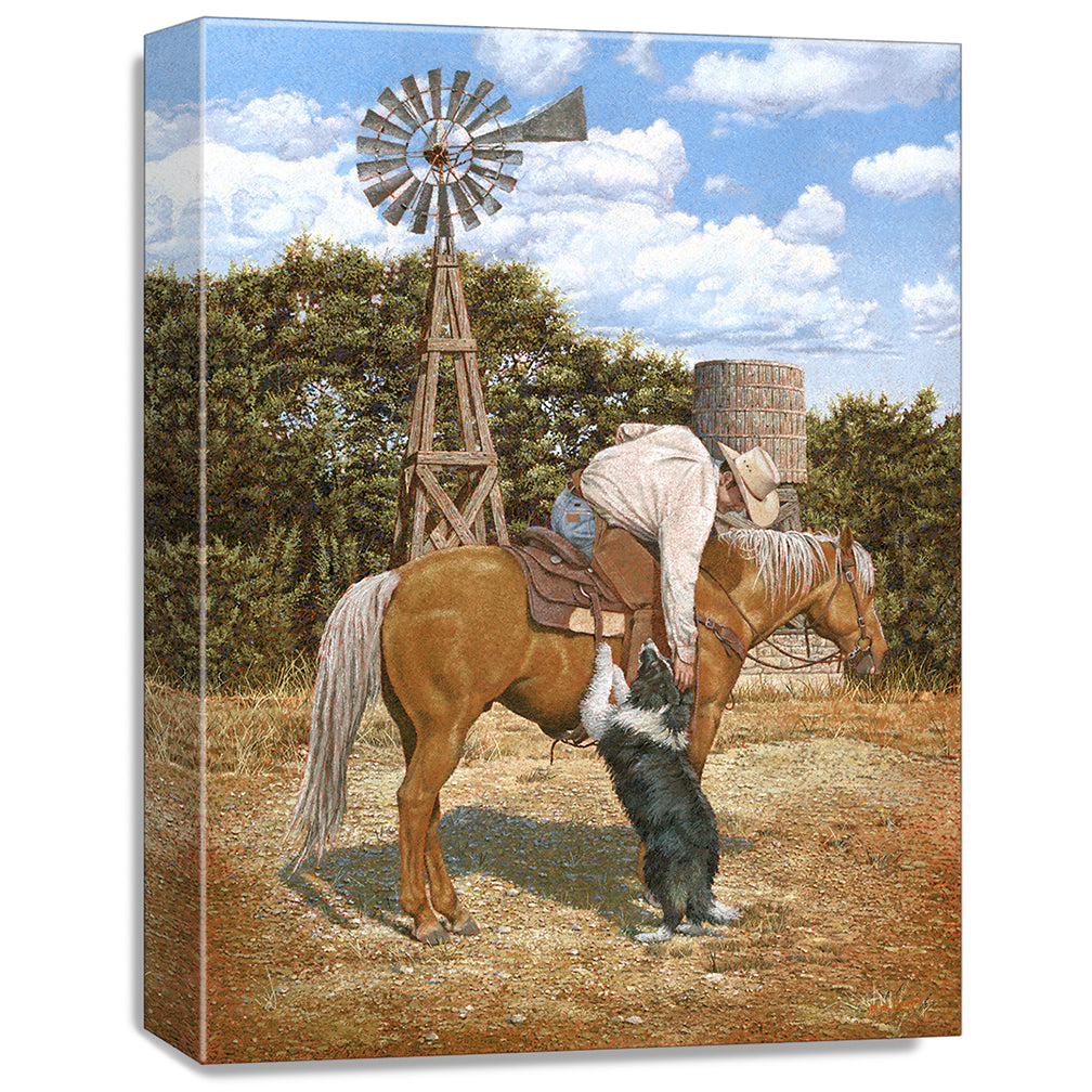 gallery wrapped print on canvas
depicting a cowboy on
horseback leaning over petting his border collie