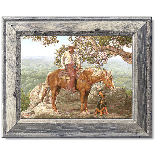 canvas print in a grey wood frame depicting a cowboy on
horseback with his dog alongside