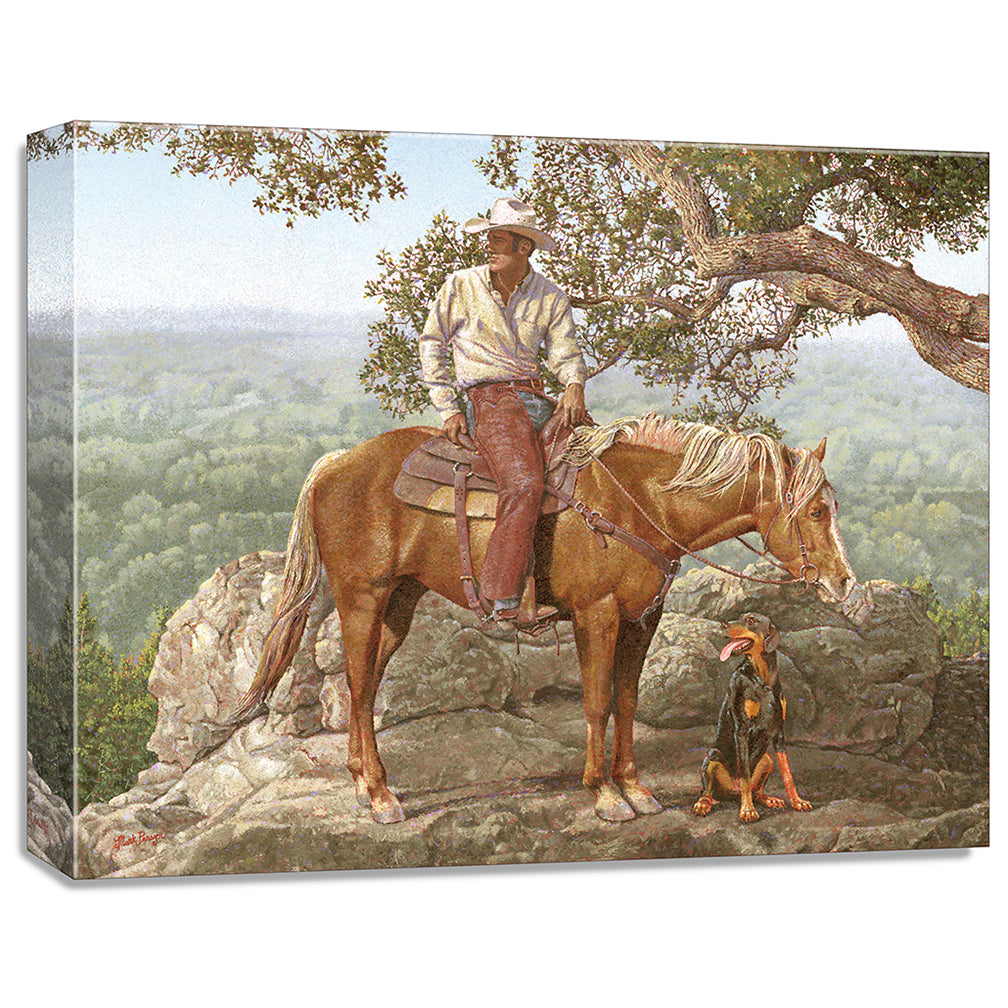 gallery wrapped print on canvas
depicting a cowboy on
horseback with his dog alongside