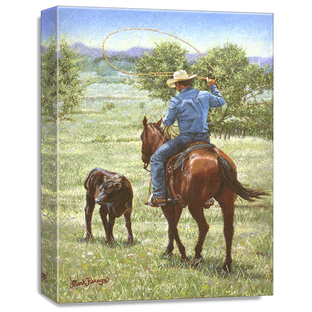 gallery wrapped print on canvas
depicting a cowboy on
horseback ready to rope a black angus calf