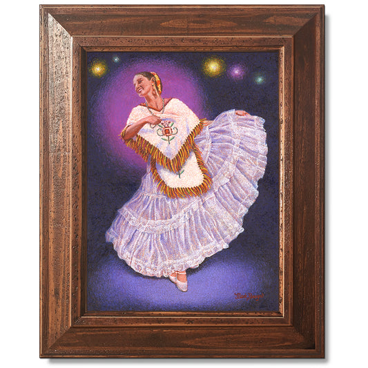 canvas print in a brown wood frame depicting a flamenco
dancer in a white flowing dress