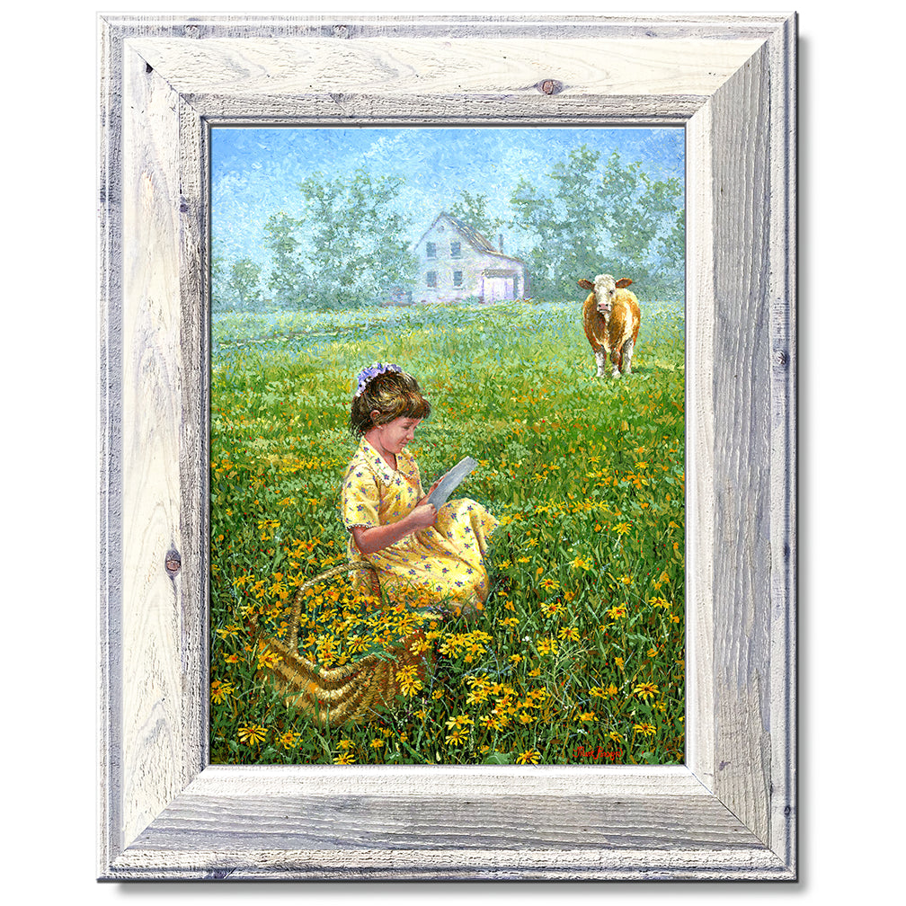 canvas print in a white wood frame depicting a little girl reading a
letter in a country field as a cow looks on