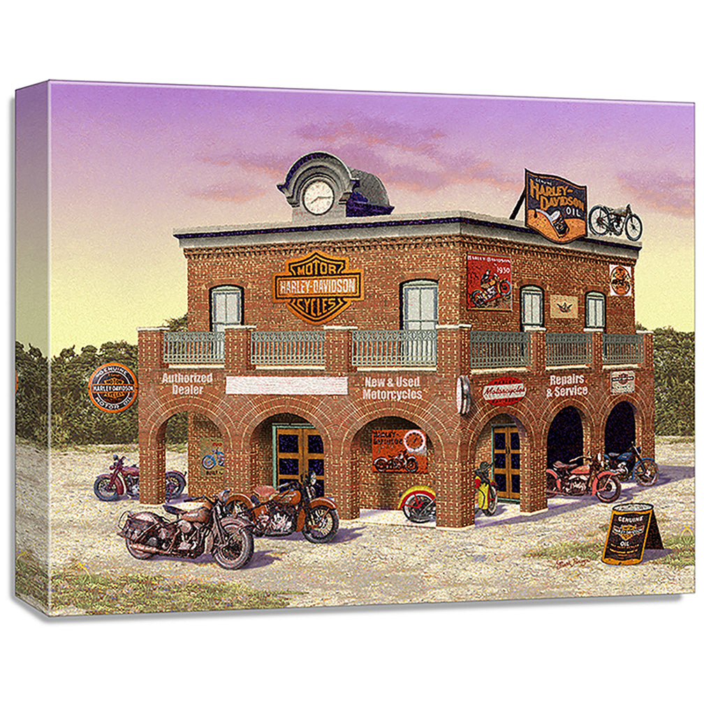 gallery wrapped print on canvas
depicting classic motorcycles
parked in front of a vintage harley-davidson dealership