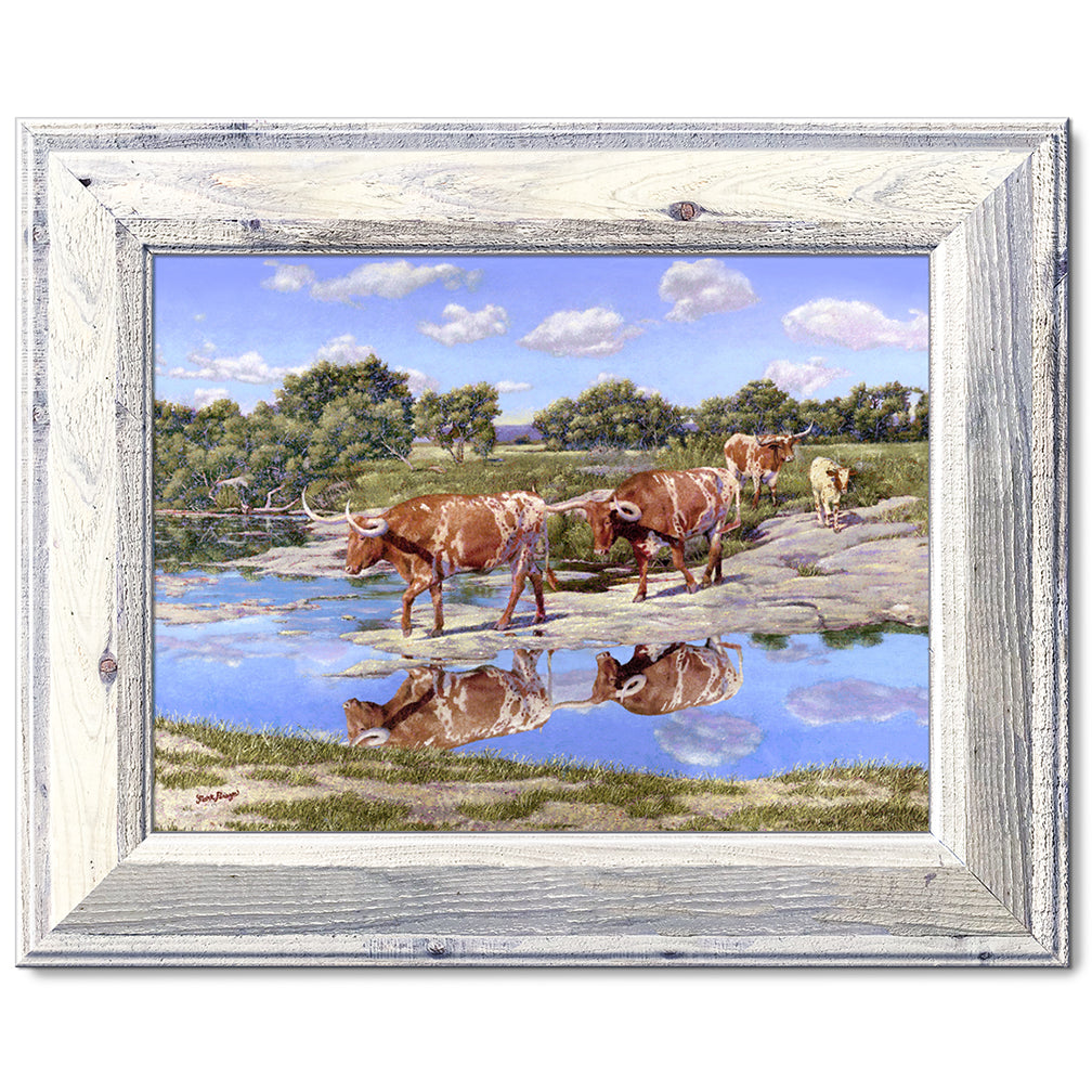 canvas print in a white wood frame depicting four longhorns
crossing the llano river within a country landscape