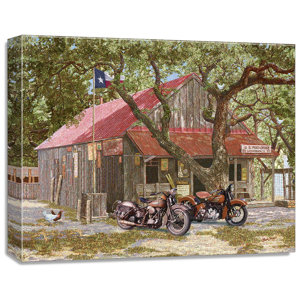 gallery wrapped print on canvas
depicting classic motorcycles
parked in front of the luckenbach, texas post office