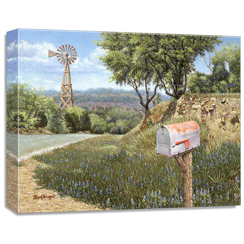 gallery wrapped print on canvas
showing a mailbox along a
country road with a windmill in the background