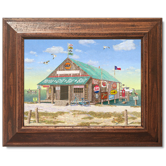 canvas print in a brown wood frame depicting a rustic gulf coast
marina and bait stand on the bay with boats in the background