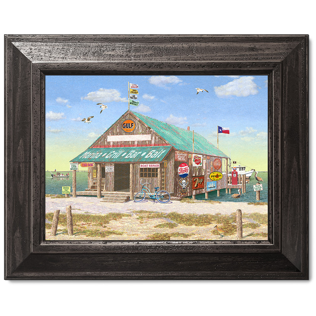 canvas print in a black wood frame depicting a rustic gulf coast
marina and bait stand on the bay with boats in the background