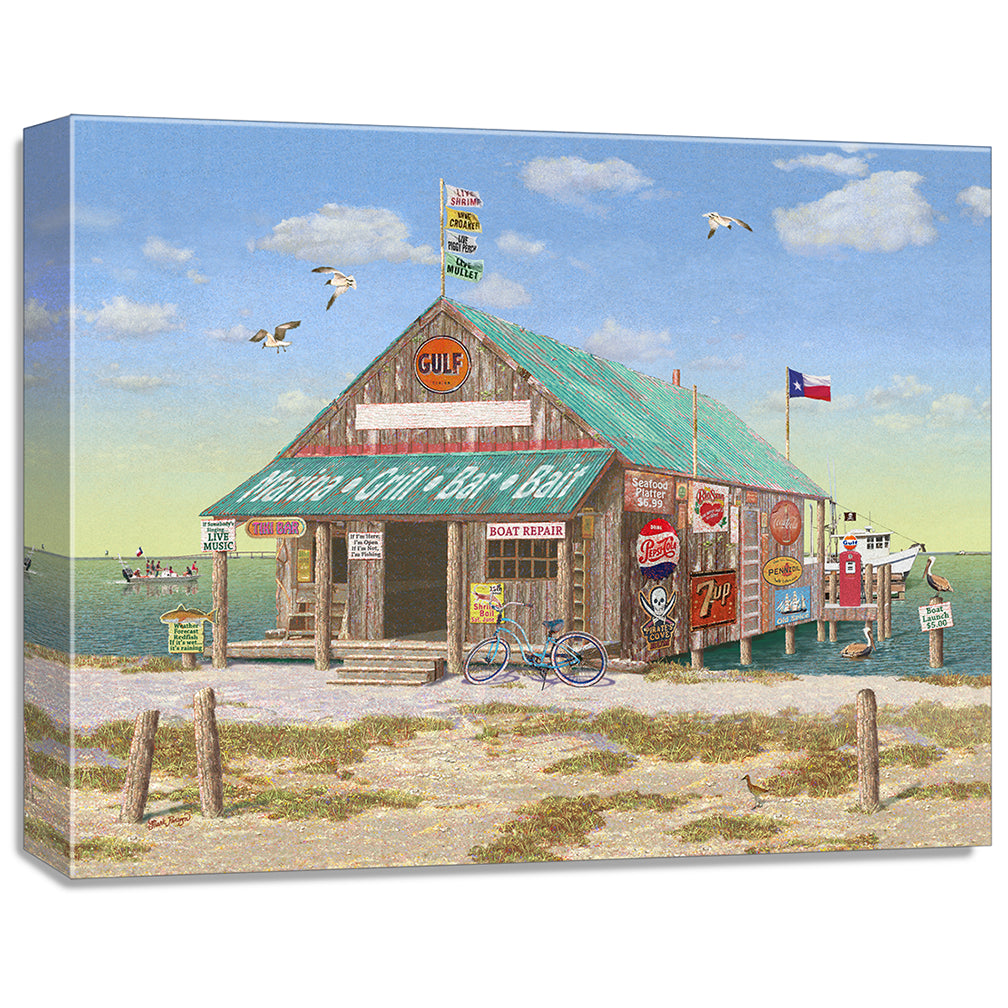 gallery wrapped print on canvas
depicting a rustic gulf coast
marina and bait stand on the bay with boats in the background