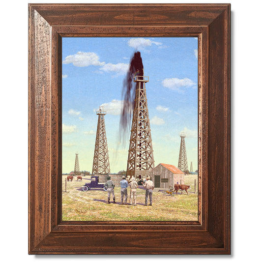 canvas print in a brown wood frame depicting an old wooden oil
derrick spraying oil into the sky