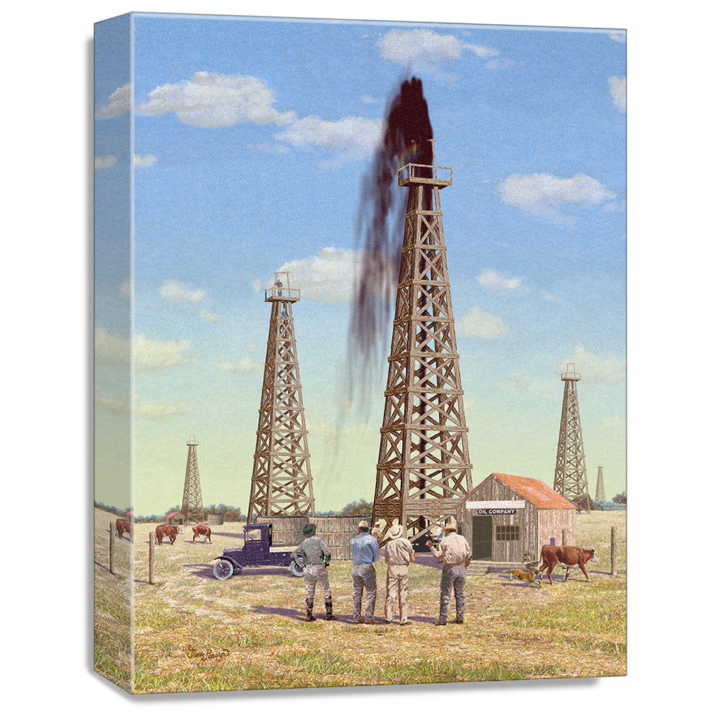 gallery wrapped print on canvas
depicting an old wooden oil
derrick spraying oil into the sky