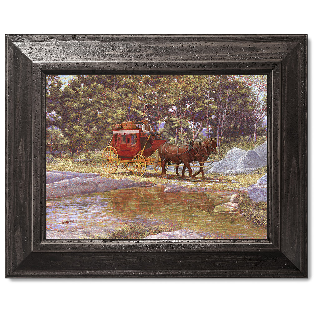 canvas print in a black wood frame depicting a stagecoach traveling through a creek in a country landscape