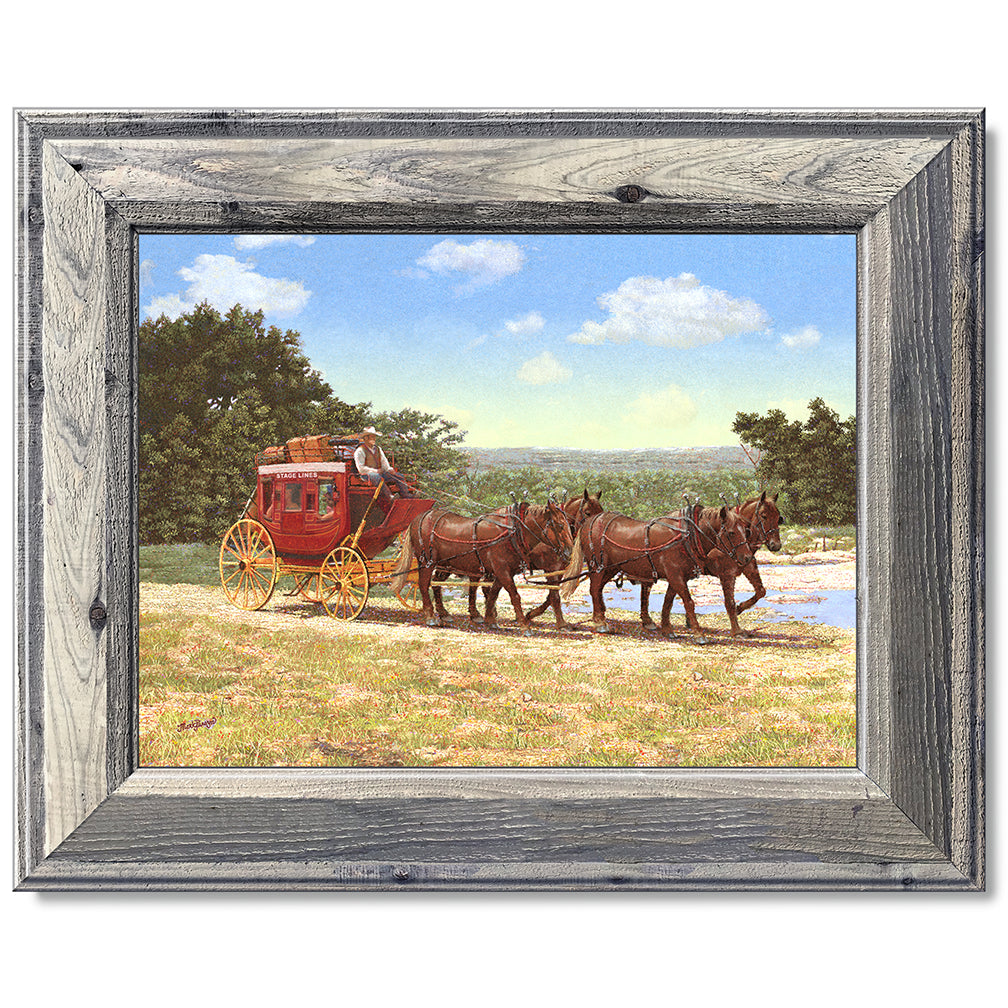 canvas print in a grey wood frame depicting a country landscape
with a stagecoach traveling along a dirt road