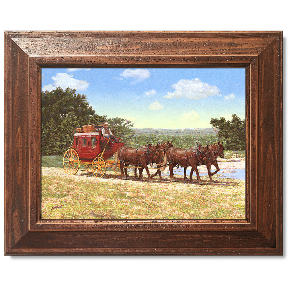 canvas print in a brown wood frame depicting a country landscape
with a stagecoach traveling along a dirt road