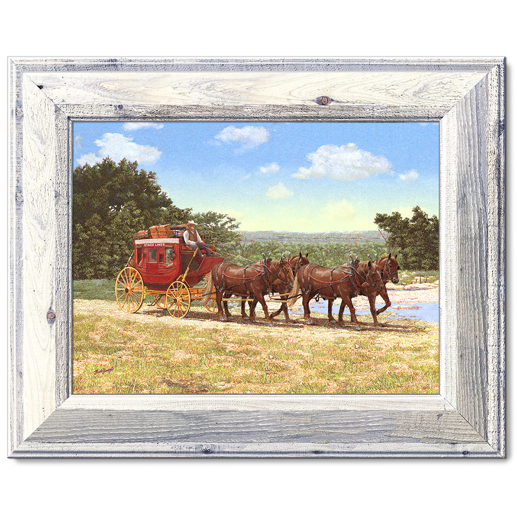 canvas print in a white wood frame depicting a country landscape
with a stagecoach traveling along a dirt road