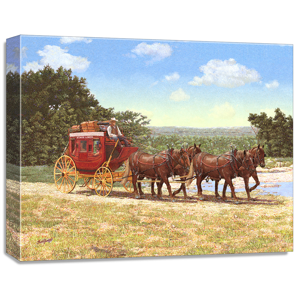 gallery wrapped print on canvas depicting a country landscape
with a stagecoach traveling along a dirt road