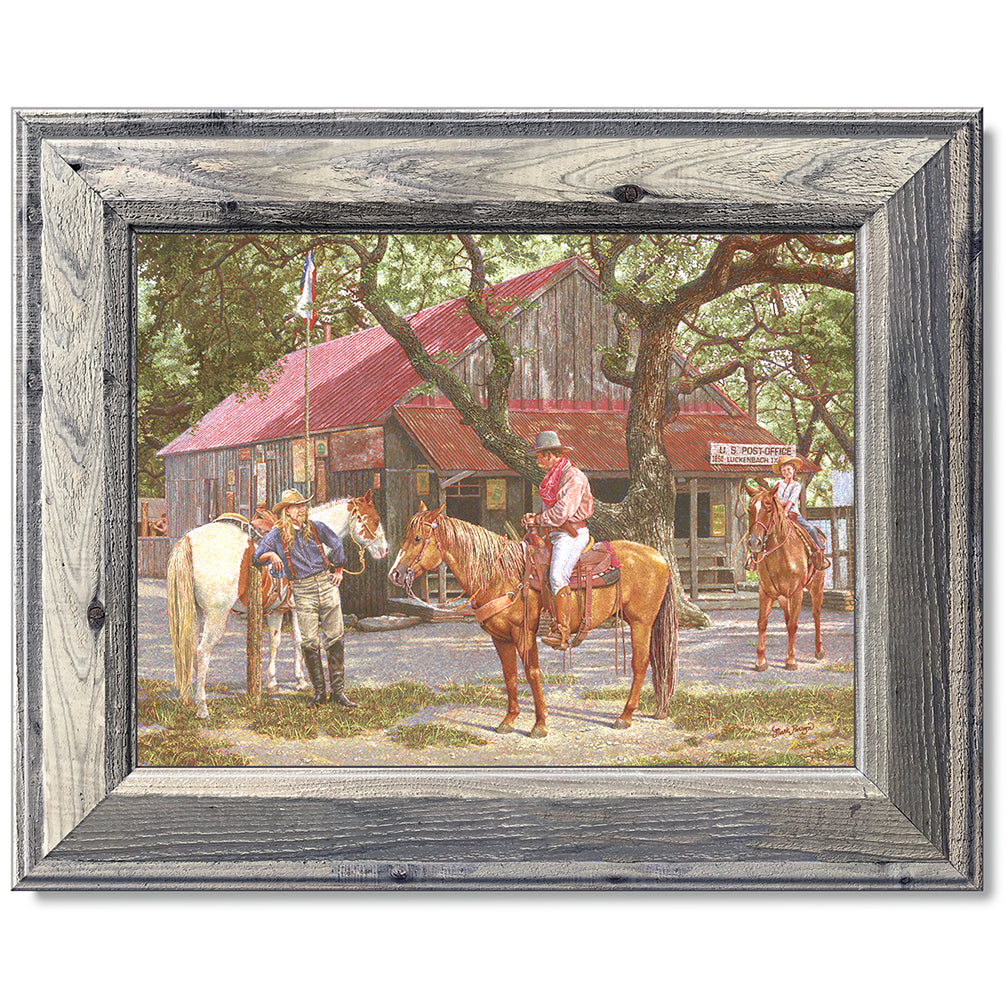 canvas print in a grey wood frame depicting a texas ranger on
horseback in front of the luckenbach, texas post office