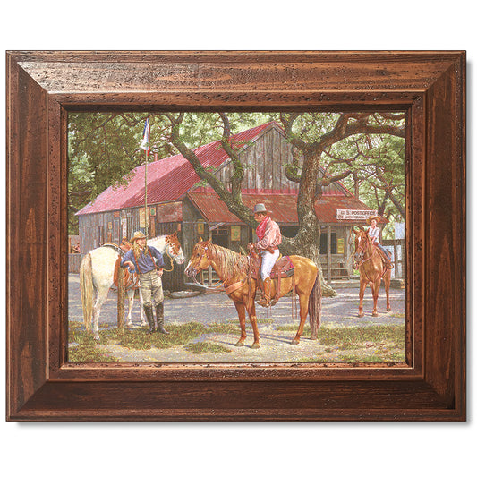 canvas print in a brown wood frame depicting a texas ranger on
horseback in front of the luckenbach, texas post office