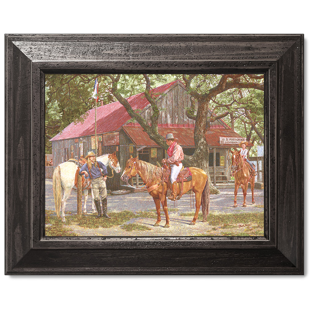 canvas print in a black wood frame depicting a texas ranger on
horseback in front of the luckenbach, texas post office