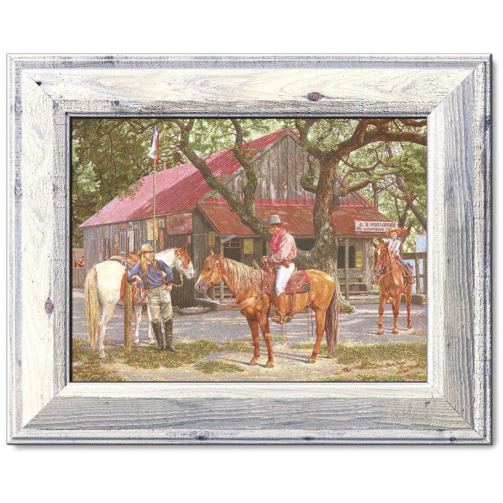 canvas print in a white wood frame depicting a texas ranger on
horseback in front of the luckenbach, texas post office