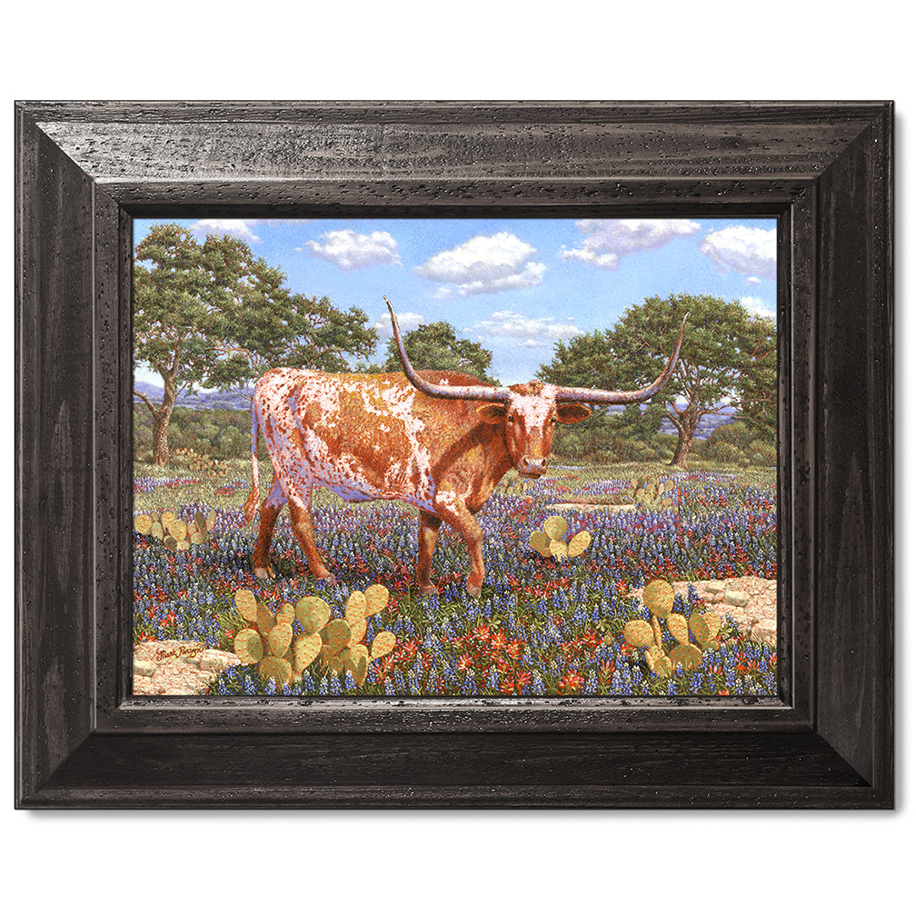 canvas print in a black wood frame depicting a longhorn standing
in a country landscape with a texas shape on his side