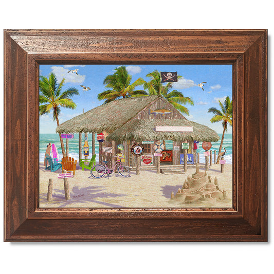 canvas print in a brown wood frame depicting a tiki bar on a beach
with a sandcastle, waves and palm trees