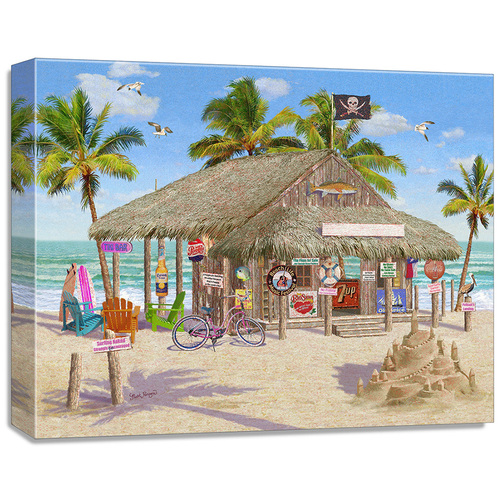 gallery wrapped print on canvas
depicting a tiki bar on a beach
with a sandcastle, waves and palm trees