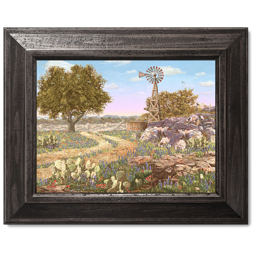 canvas print in a black wood frame depicting a hill country landscape
with wildflowers, cactus, windmill and eleven hidden animals