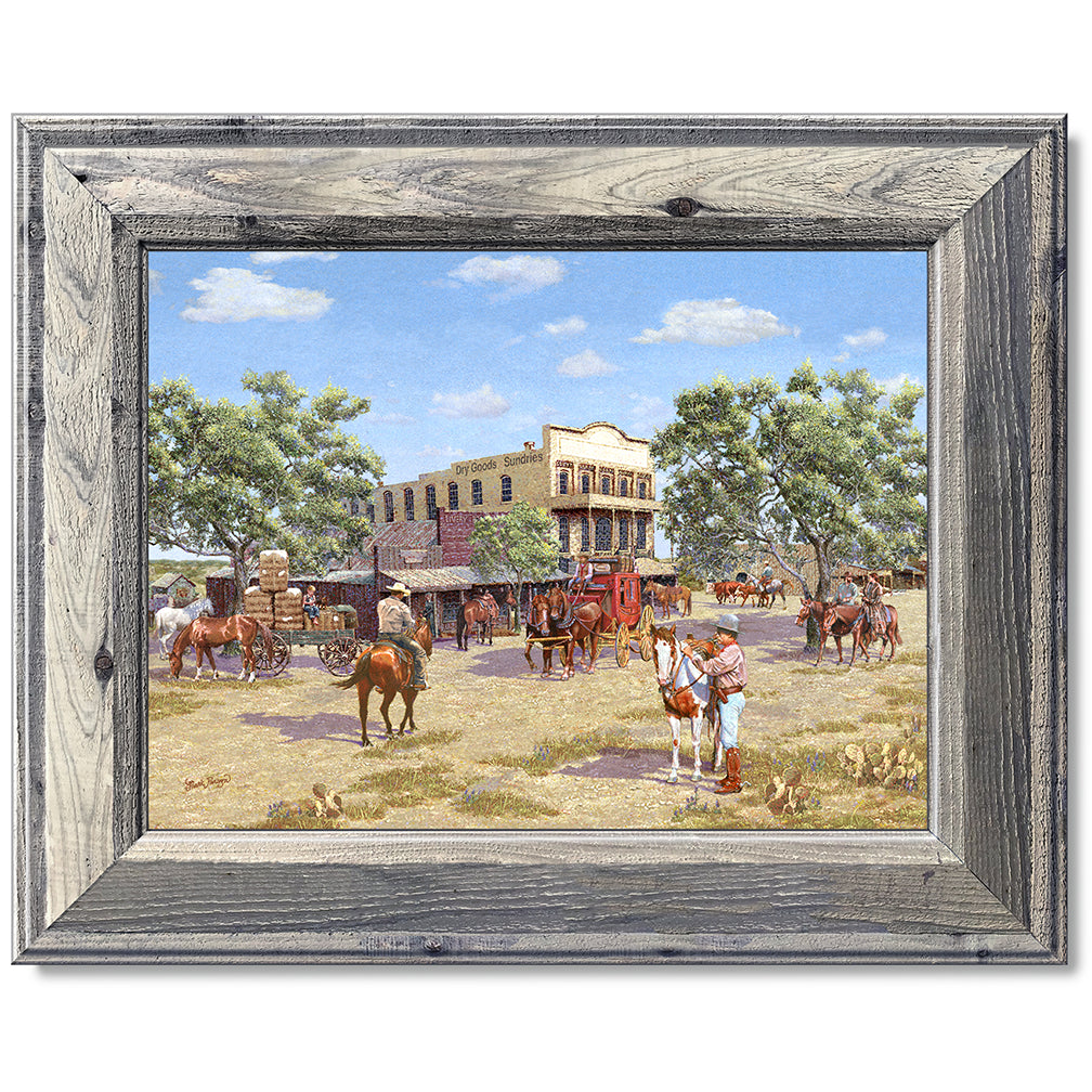 canvas print in a grey wood frame depicting a 1800’s western
town scene with cowboys on horseback