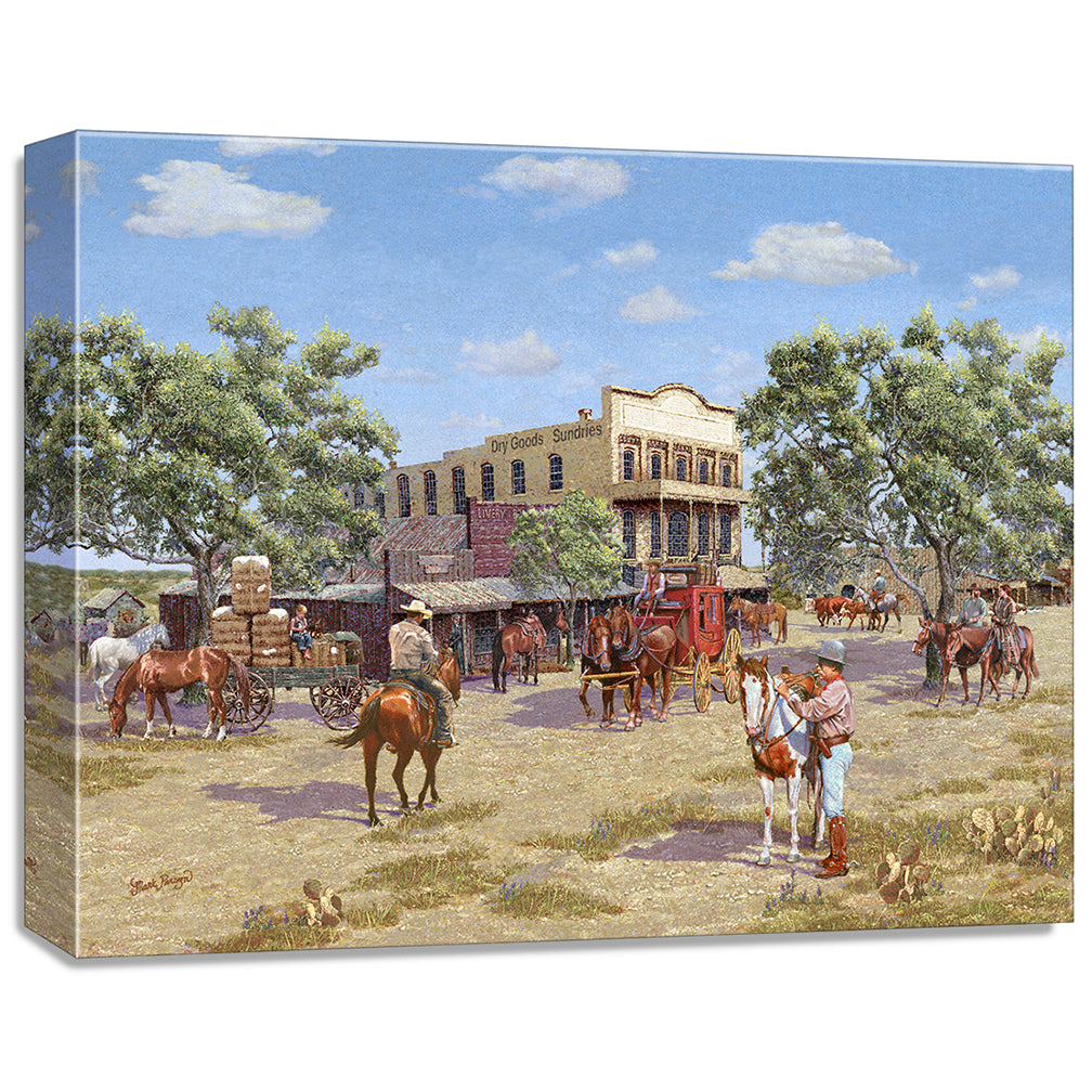 gallery wrapped print on canvas
depicting a 1800’s western
town scene with cowboys on horseback