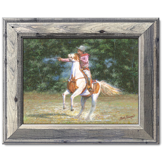 canvas print in a grey wood frame depicting a mounted shooter
firing his pistol with his horse rearing back