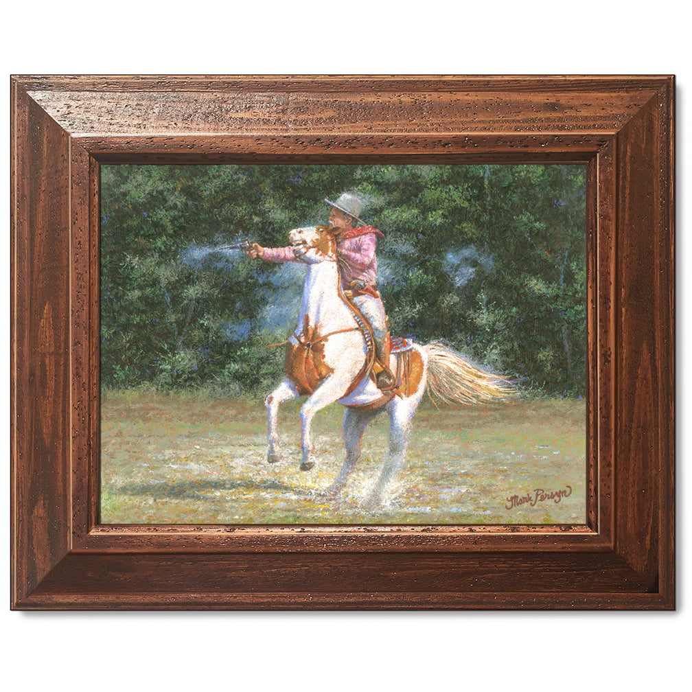 canvas print in a brown wood frame depicting a mounted shooter
firing his pistol with his horse rearing back