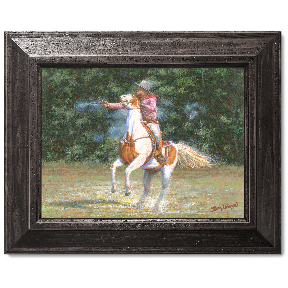 canvas print in a black wood frame depicting a mounted shooter
firing his pistol with his horse rearing back