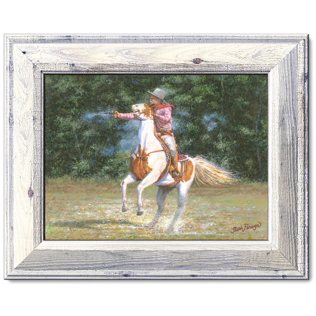 canvas print in a white wood frame depicting a mounted shooter
firing his pistol with his horse rearing back