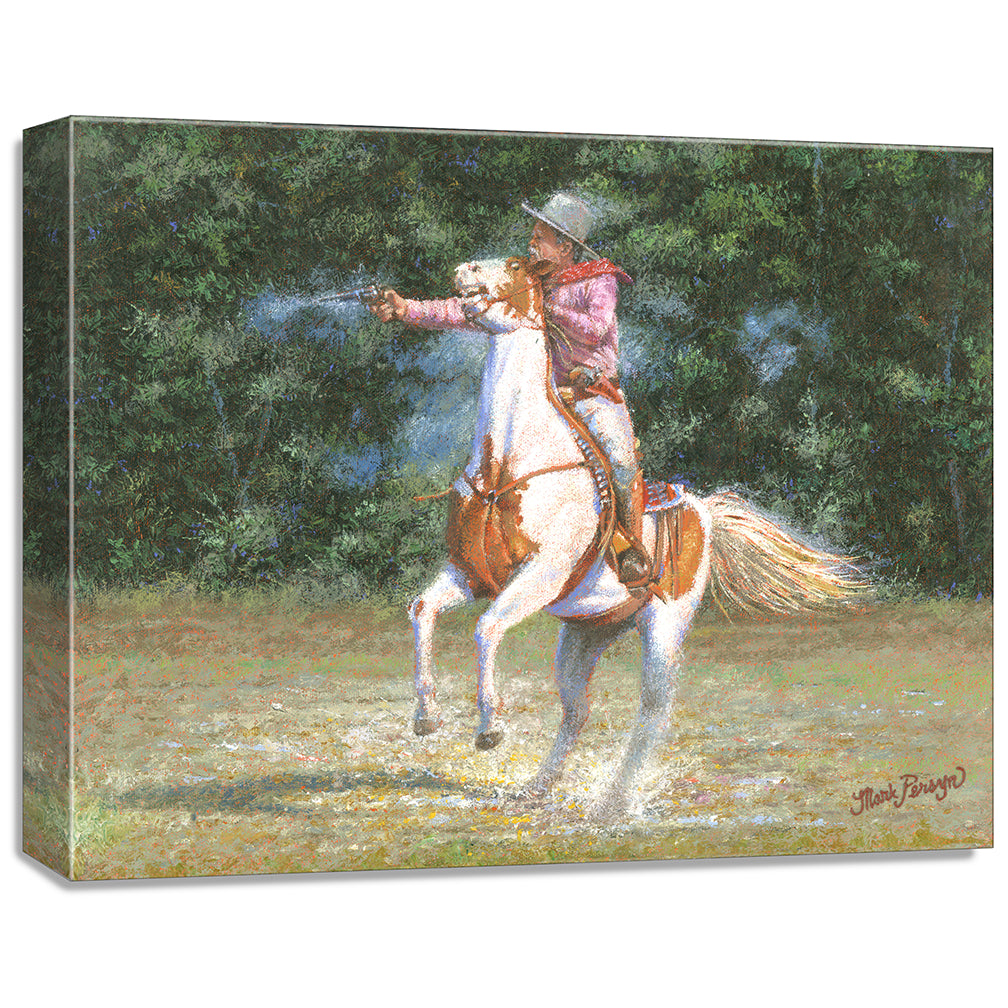 gallery wrapped print on canvas
depicting a mounted shooter
firing his pistol with his horse rearing back