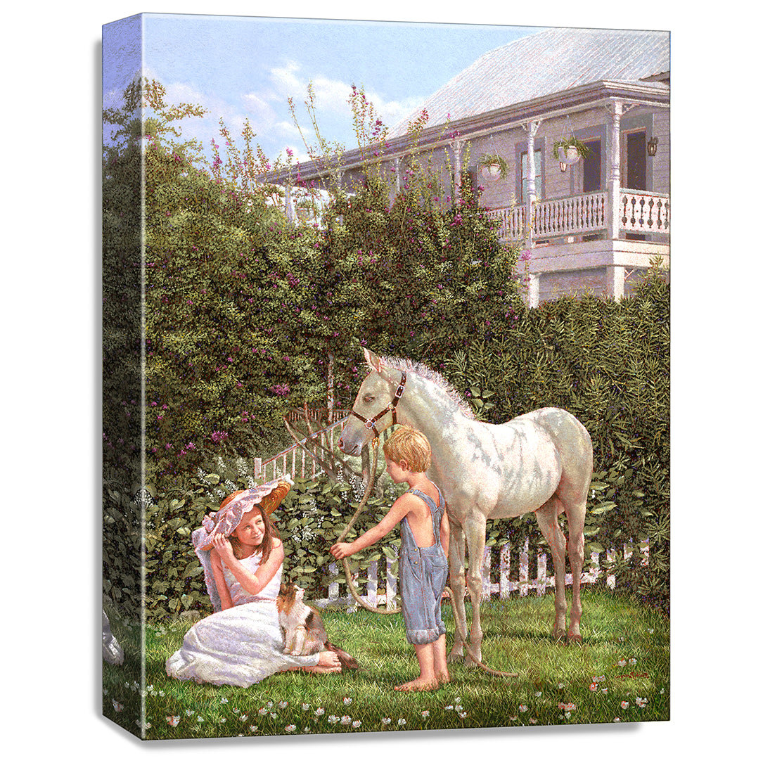 gallery wrapped print on canvas
depicting children and a pony
with floral vegetation and a victorian house in the background