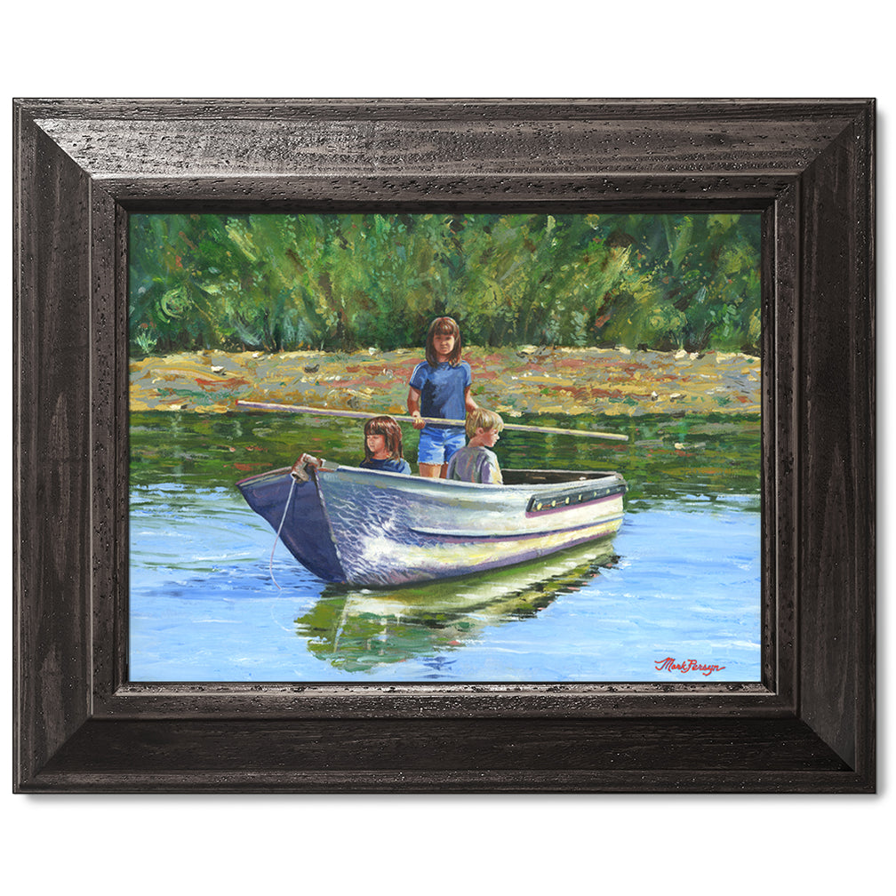 canvas print in a black wood frame depicting three children 
crossing a pond in a boat