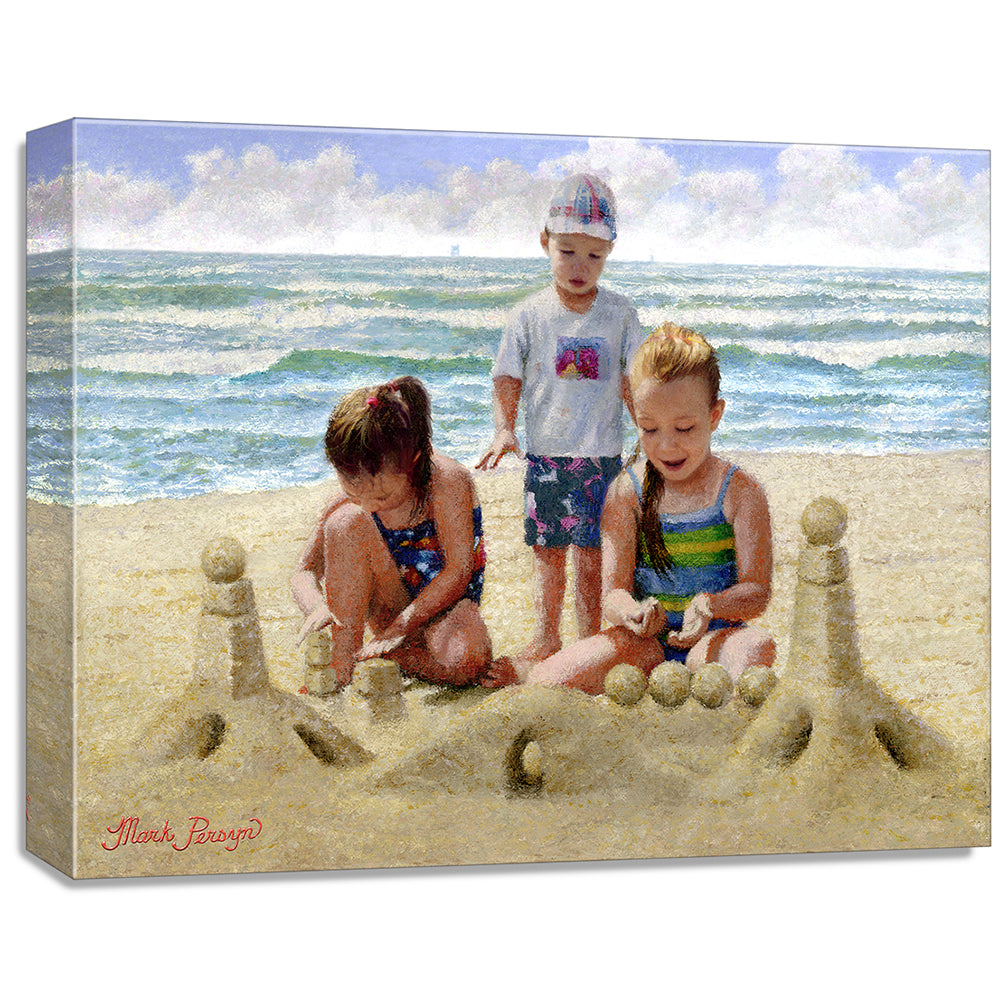 gallery wrapped print on canvas
depicting children building
a sandcastle on a beach with waves in the background