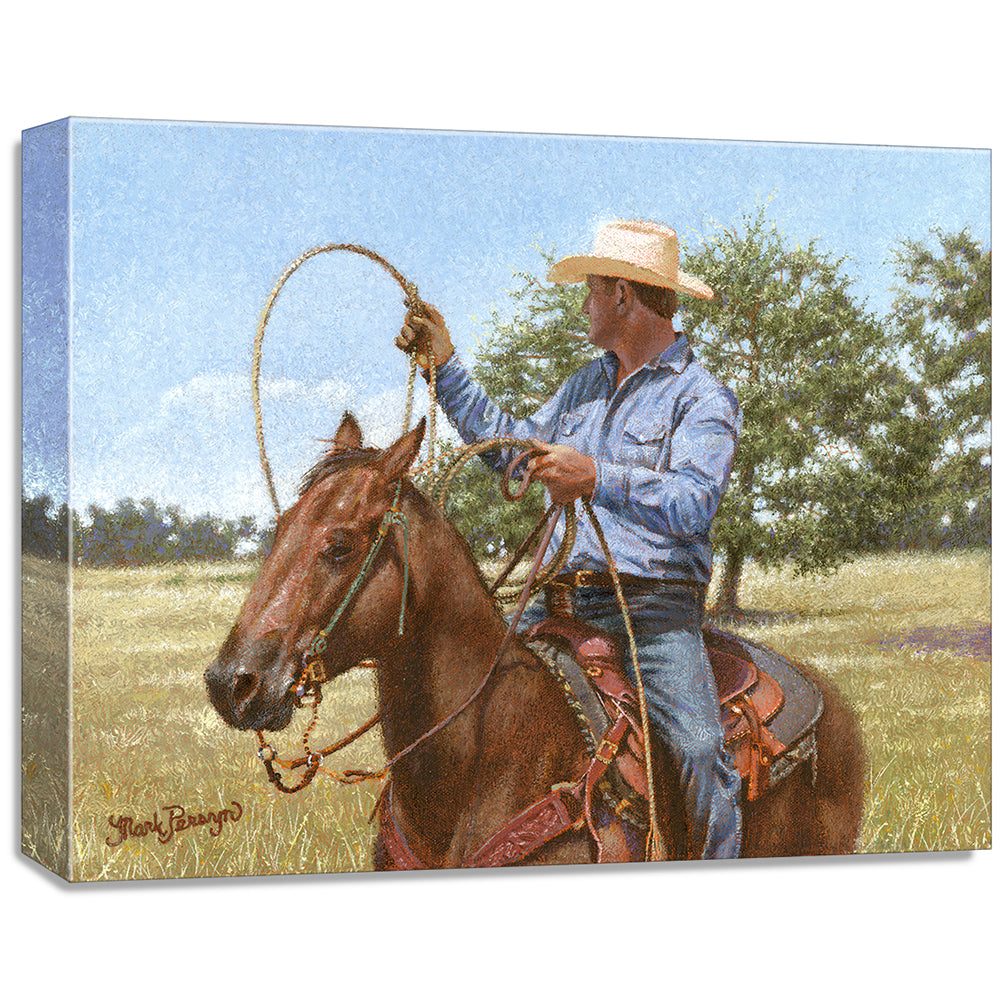 gallery wrapped print on canvas
depicting a calf roper on
horseback holding his rope in a country landscape