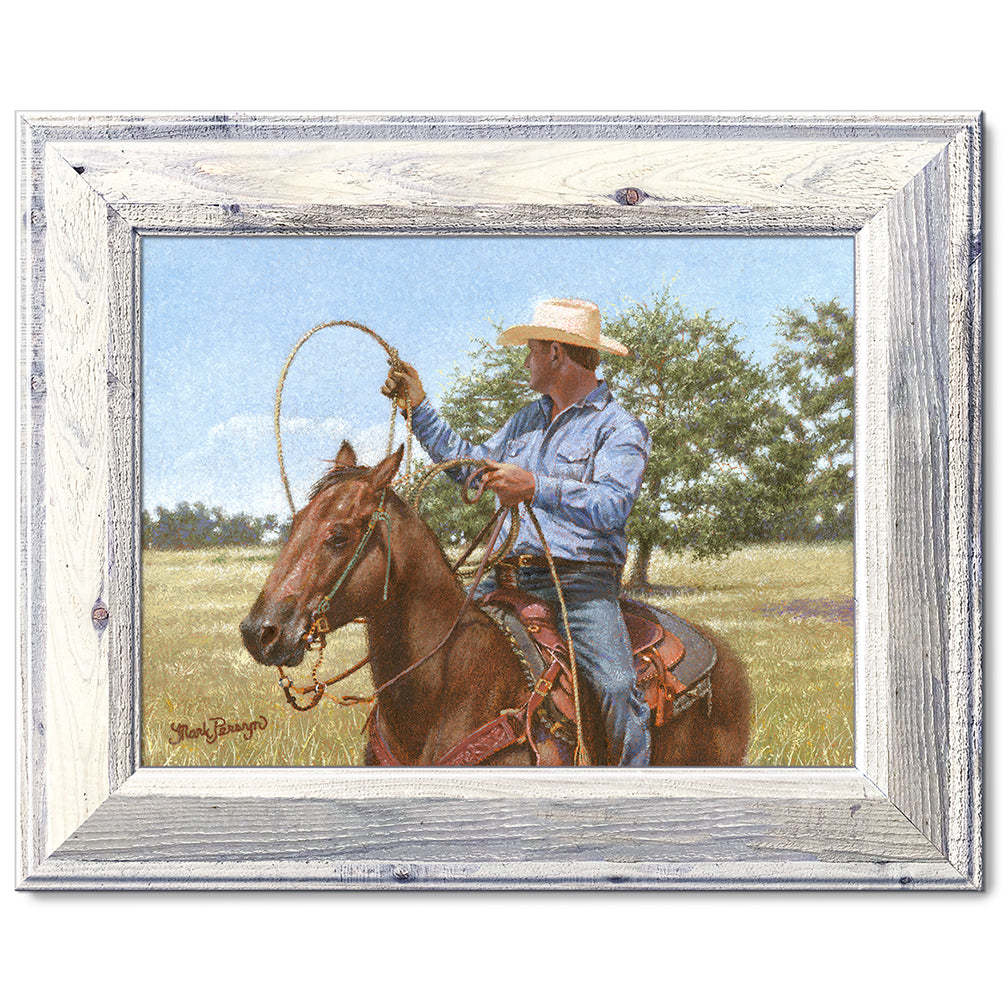 canvas print in a white wood frame depicting a calf roper on
horseback holding his rope in a country landscape