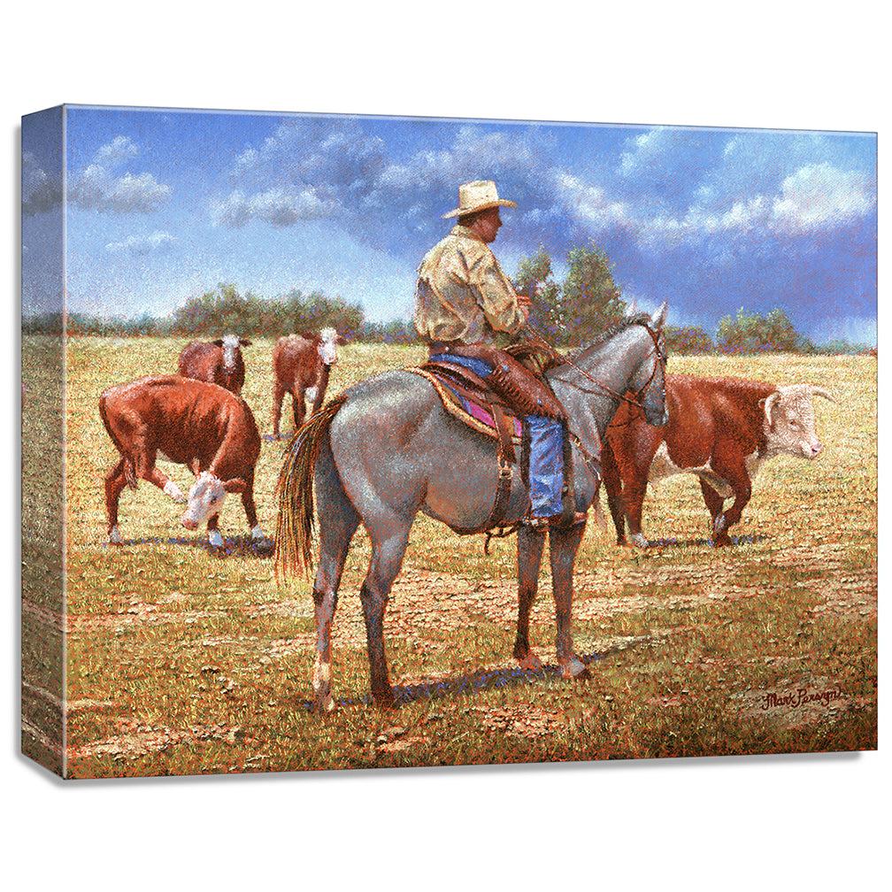 gallery wrapped print on canvas depicting a cowboy on 
horseback herding herefords with rain showers in the distance 