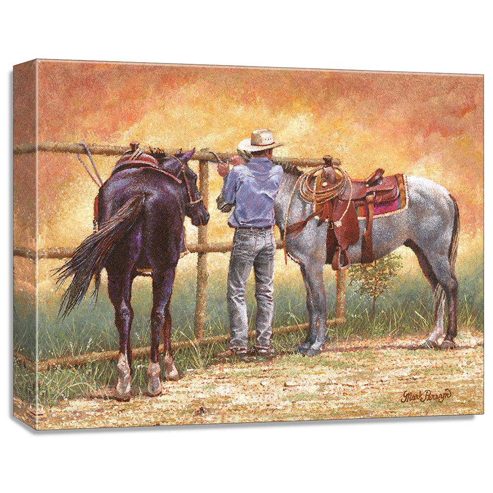 gallery wrapped print on canvas
depicting a cowboy standing
between two horses while a dust devil dances around them