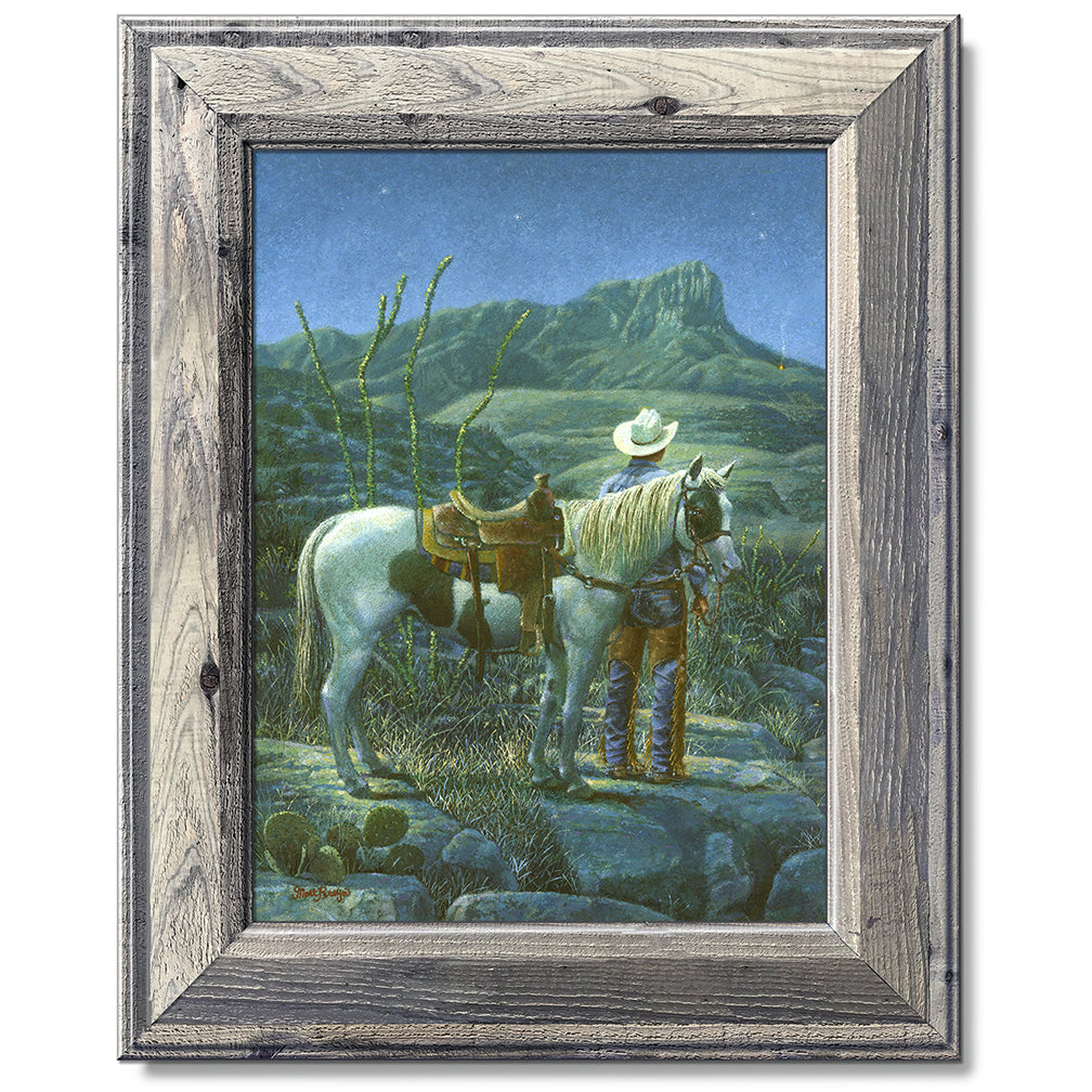 canvas print in a grey wood frame depicting a cowboy next to his
horse looking at a signal fire below guadalupe peak