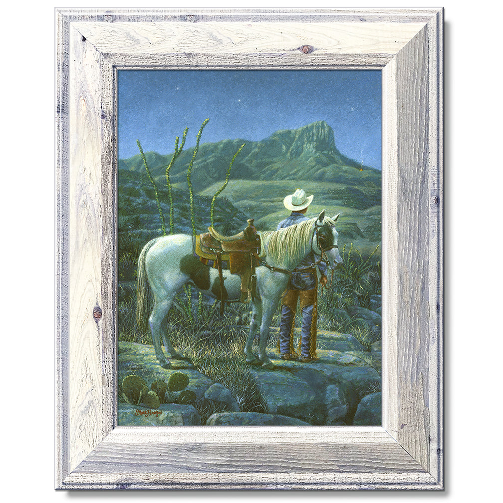 canvas print in a white wood frame depicting a cowboy next to his
horse looking at a signal fire below guadalupe peak