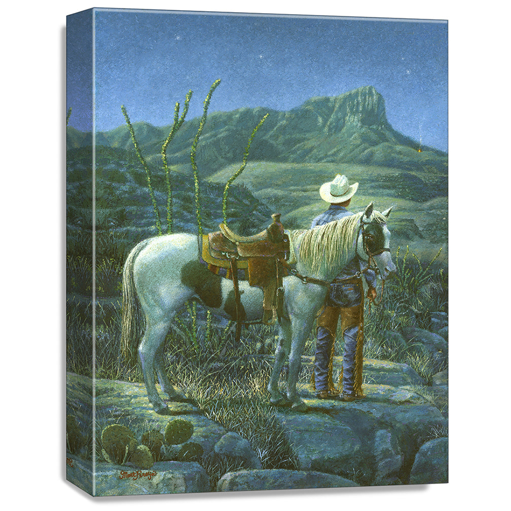 gallery wrapped print on canvas
depicting a cowboy next to his
horse looking at a signal fire below guadalupe peak