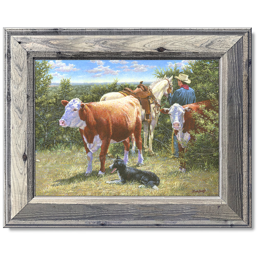 canvas print in a grey wood frame depicting a cowboy with his
horse, herefords, and his border collie